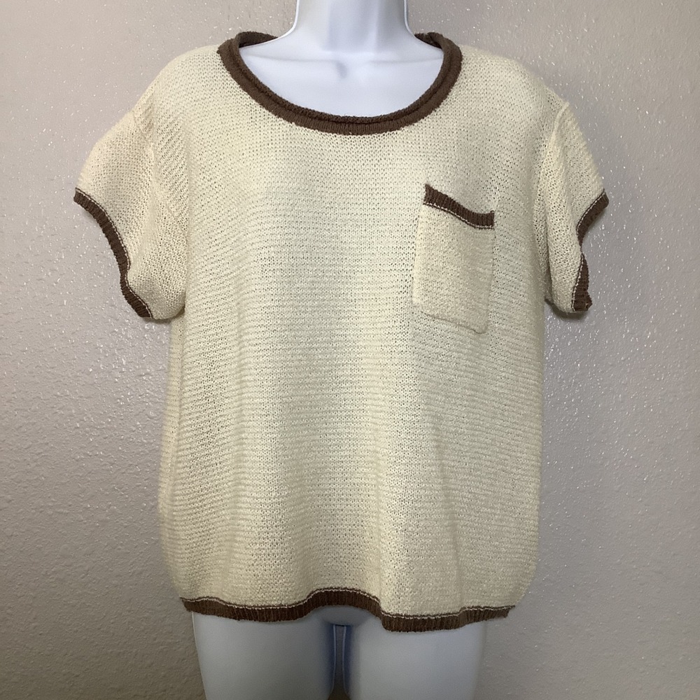 Listicle‎ Cream Brown Knit Casual Boho Chic Oversized Slouchy Short Sleeve Top L